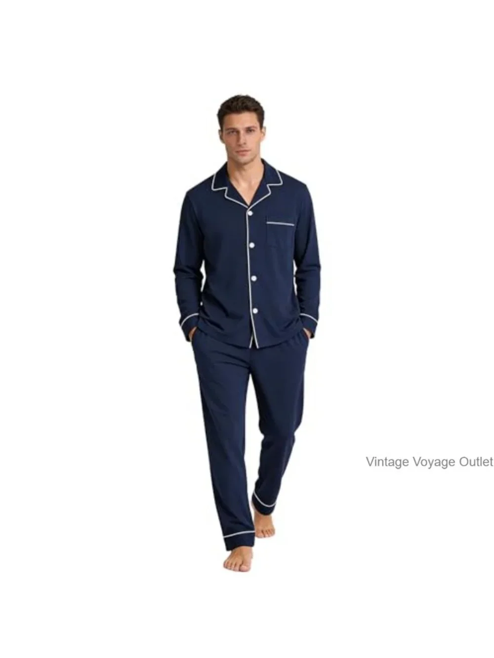 100% Cotton Pajama Set, Button Down Sleepwear Lounge Pjs for Men